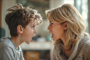 Mother and son arguing image